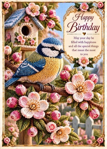 Knitted Blue Tit on Blossom - Birthday Card Topper 5x7 Inch