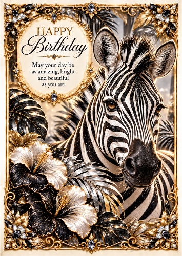 Zebra in Monochrome - A4 Portrait Birthday Card Topper