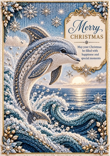 Knitted Silver Dolphin - A4 Portrait Christmas Card Topper