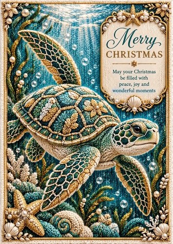 Knitted Emerald Sea Turtle  - A4 Portrait Christmas Card Topper