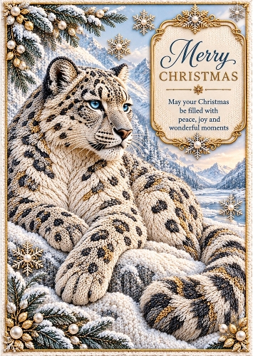 Knitted Snow Leopard  - A4 Portrait Christmas Card Topper