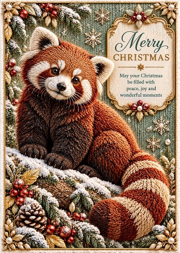 Knitted Red Panda - A4 Portrait Christmas Card Topper