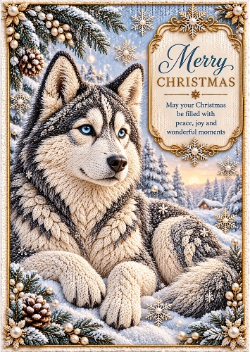 Knitted Blue-Eyed Husky - A4 Portrait Christmas Card Topper