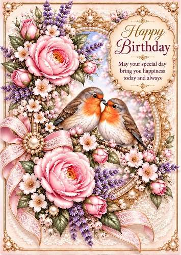 Blush Rose Robins - A4 Portrait Birthday Card Topper