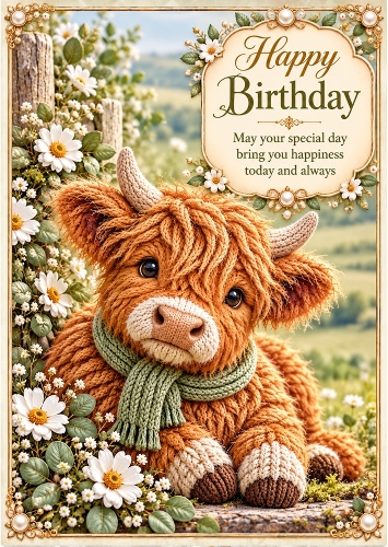  Knitted Highland Calf - A4 Portrait Birthday Card Topper