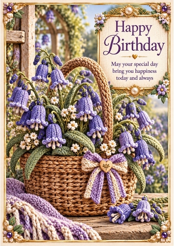 Knitted Bluebell Basket - A4 Portrait Birthday Card Topper