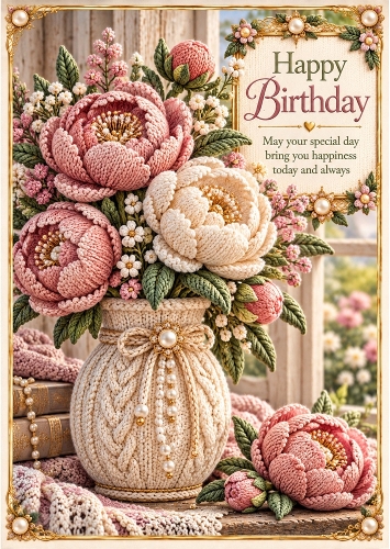 Knitted Peony Elegance - A4 Portrait Birthday Card Topper