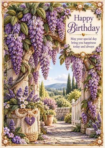 Knitted Wisteria Archway - A4 Portrait Birthday Card Topper