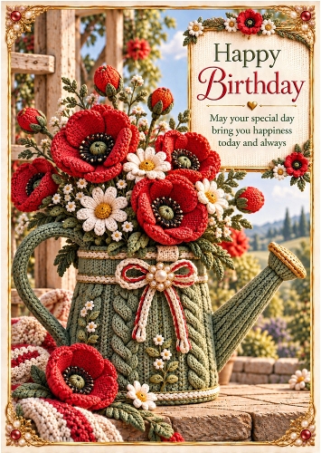 Knitted Poppy Watering Can - A4 Portrait Birthday Card Topper