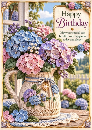 Knitted Hydrangea Heaven - A4 Portrait Birthday Card Topper