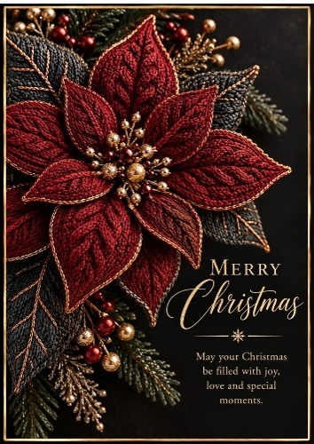 Knitted Midnight Poinsettia - A4 Portrait Christmas Card Topper