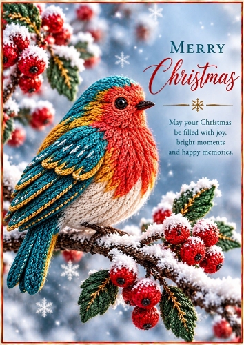 Knitted Rainbow Robin - A4 Portrait Christmas Card Topper