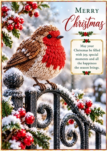 Knitted Robin on a Garden Gate - A4 Portrait Christmas Card Topper