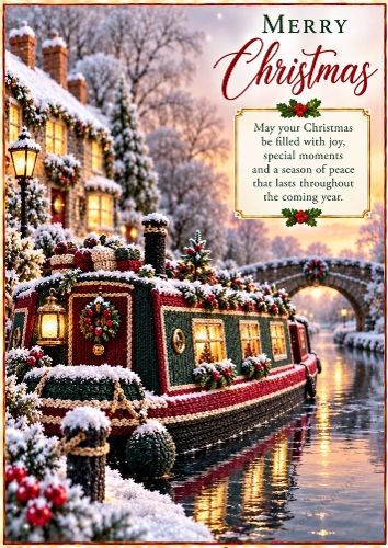 Knitted Winter Canal Boat - A4 Portrait Christmas Card Topper