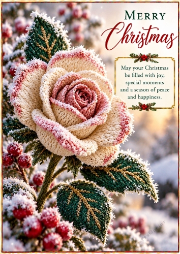 Knitted Yorkshire Rose Winter - A4 Portrait Christmas Card Topper