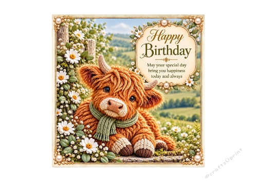 Request - 7 X 7 inch - Knitted Highland Calf Birthday Card Topper