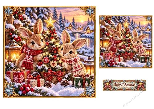 Bunnies at Christmas - 7x7 and 4x4 Inch - Christmas Card Toppers