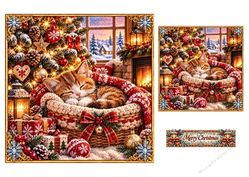 Sleepy Christmas Kitten - 7x7 and 4x4 Inch - Christmas Card Toppers