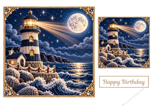 Moonlit Lighthouse - 7x7 And 4x4 inch - Christmas Card Toppers