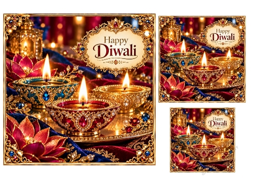 Golden Diyas Diwali - 7x7 And 4x4, and 3x3 inch - Diwali Card Toppers