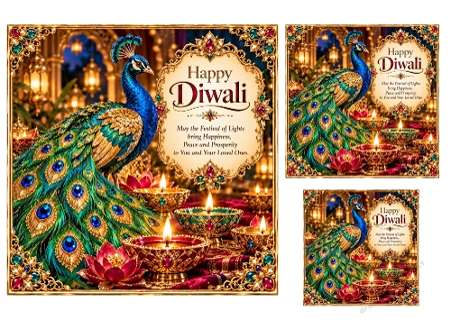 Diwali Peacock - 7x7 And 4x4, and 3x3 inch - Diwali Card Toppers