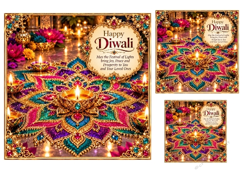 Jewel-Toned Rangoli - 7x7 And 4x4, and 3x3 inch - Diwali Card Toppers