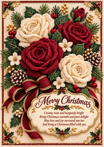 Knitted Christmas Roses - A4 Portrait - Christmas Card Topper