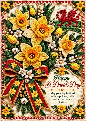 Knitted St Davids Day - A4 Portrait - Welsh Celebration Card Topper