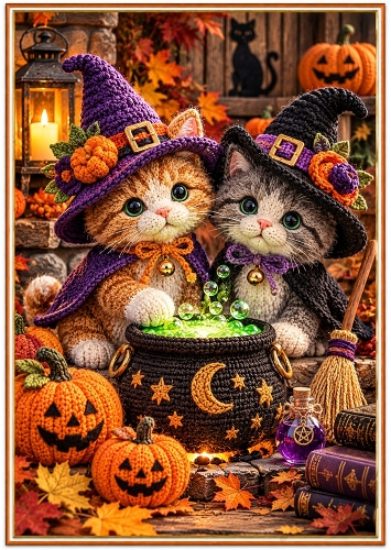 Witchy Kittens - A4 Portrait - Autumn/Halloween Card Topper
