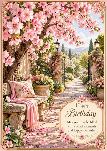 Cherry Blossom Lane - A4 Portrait - Birthday Card Topper