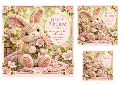 Blossom Bunny - 7x7, 4x4, And 3x3 Inch - Birthday Card Toppers