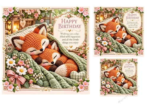 Sleepy Foxes - 7x7, 4x4, And 3x3 Inch - Birthday Card Toppers