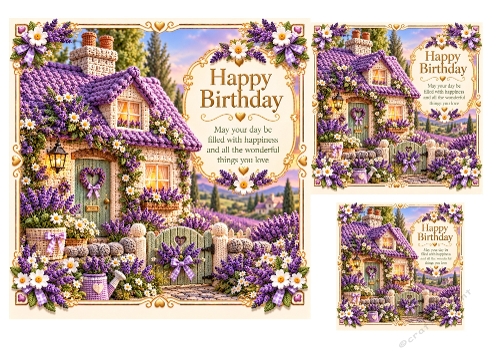 Lavender Cottage - 7x7, 4x4, And 3x3 Inch - Birthday Card Toppers