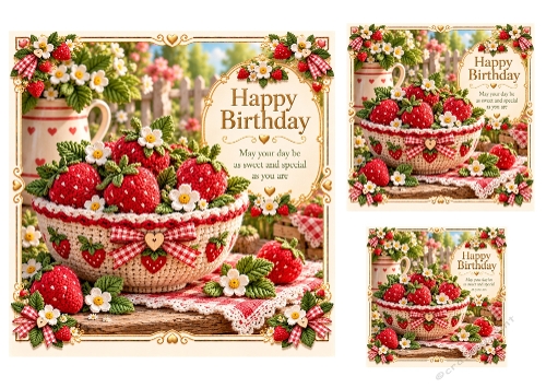 Strawberry Sweetness - 7x7, 4x4, And 3x3 Inch - Birthday Card Toppers