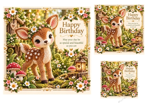 Woodland Fawn - 7x7, 4x4, And 3x3 Inch - Birthday Card Toppers