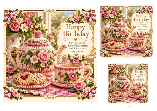 Cosy Teatime - 7x7, 4x4, And 3x3 Inch - Birthday Card Toppers
