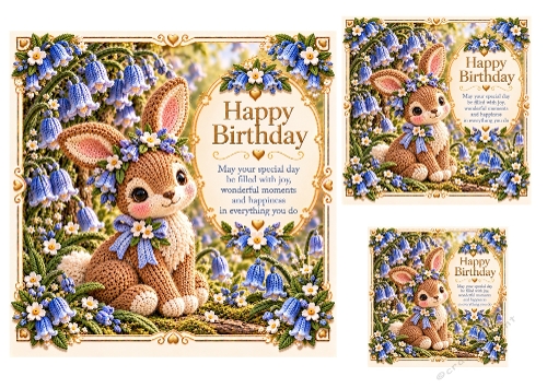 Bluebell Bunny - 7x7, 4x4, And 3x3 Inch - Birthday Card Toppers