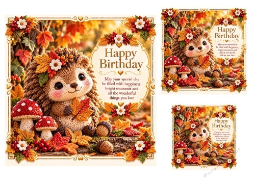 Autumn Hedgehog - 7x7, 4x4, And 3x3 Inch - Birthday Card Toppers