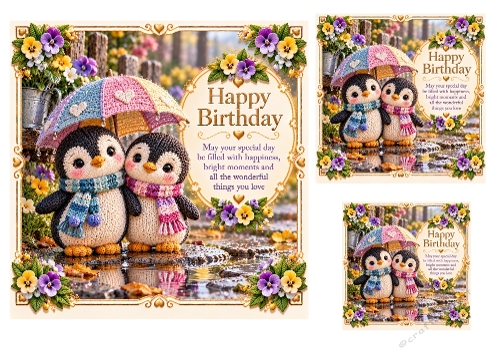 Penguin Puddles - 7x7, 4x4, And 3x3 Inch - Birthday Card Toppers