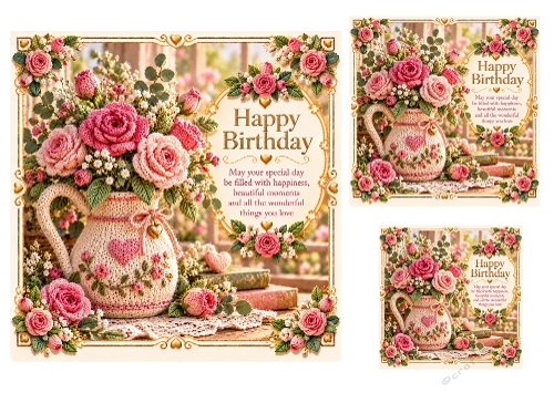 Rosy Posy - 7x7, 4x4, And 3x3 Inch - Birthday Card Toppers