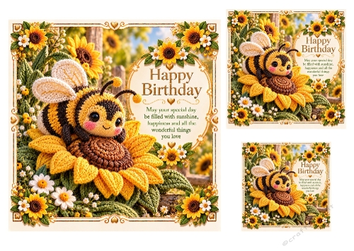Busy Bumblebee - 7x7, 4x4, And 3x3 Inch - Birthday Card Toppers