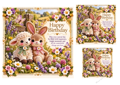 Meadow Friends - 7x7, 4x4, And 3x3 Inch - Birthday Card Toppers