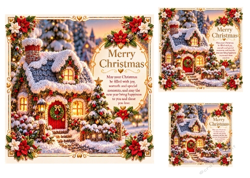 Christmas Cottage - 7x7, 4x4, And 3x3 Inch - Christmas Card Toppers