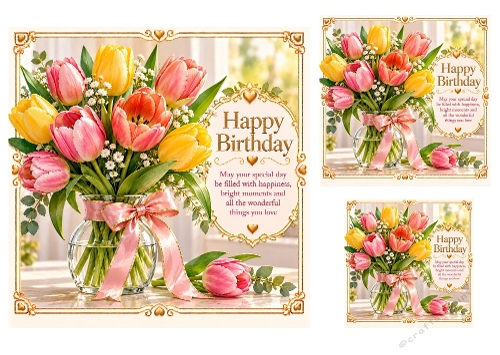 Tulip Time - 7x7, 4x4, And 3x3 Inch - Birthday Card Toppers