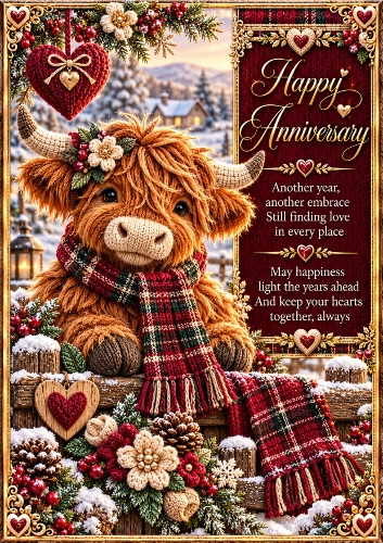 Knitted Highland Cow - A4 Portrait - Anniversary Card Topper