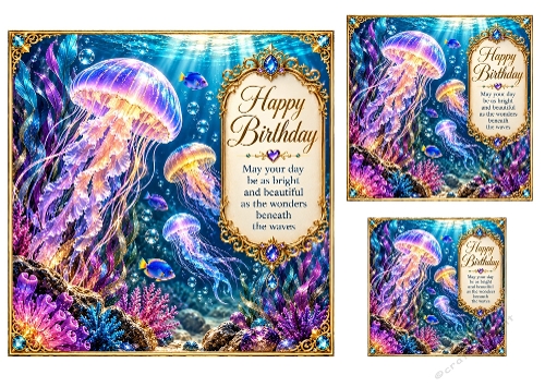 Enchanted Jellyfish - 7x7, 4x4, And 3x3 Inch - Birthday Card Topper
