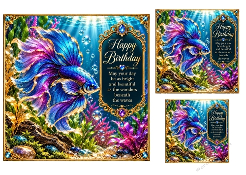 Aquatic Elegance - 7x7, 4x4, And 3x3 Inch - Birthday Card Topper