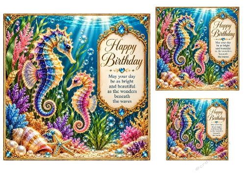 Seahorse Splendour - 7x7, 4x4, And 3x3 Inch - Birthday Card Topper
