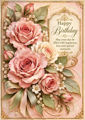 Rosewater Romance - A4 Portrait - Birthday Card Topper