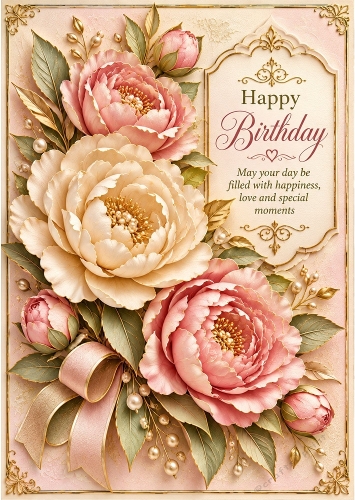 Golden Peonies - A4 Portrait - Birthday Card Topper